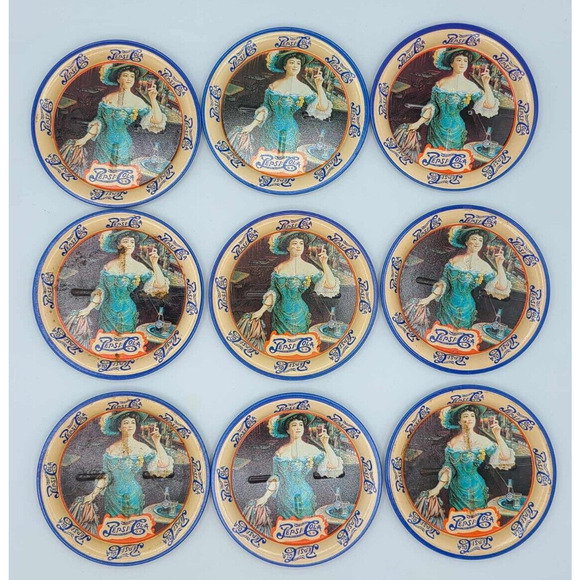 Vintage Victorian Lady Pepsi Cola Tin Coasters Set Of 9 Round 3 1/2 inch - Picture 2 of 13